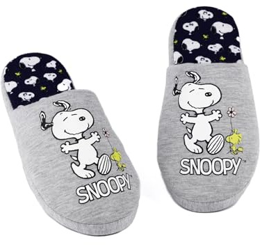 Peanuts Snoopy Damen Hausschuhe | Winter Weihnachten Feiertag Classic Cartoon Snoopy und Woodstock Charakter Kidult Merchandise Geschenk | Graue Marl Pantoletten für Damen | Kuschelige Indoor-Schuhe