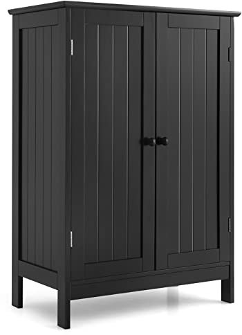 COSTWAY Bathroom Floor Cabinet, Freestanding Storage Cupboard with Adjustable Shelves, Wooden Side Cabinet Organizer Unit for Bathroom Living Room Hallway (Black)