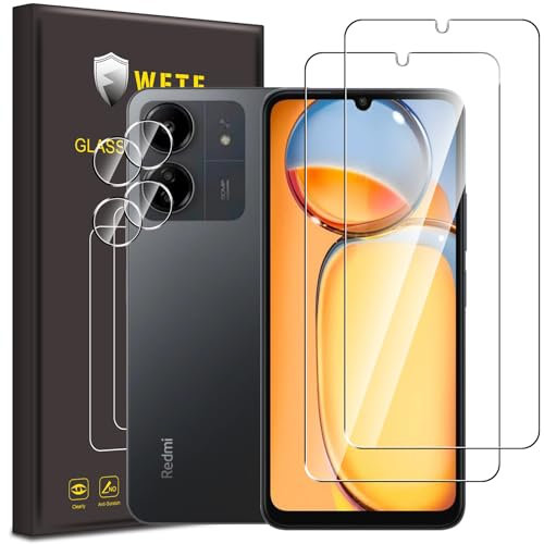 WFTE Pack of 2 + 2 Screen Protectors for Xiaomi Redmi 13C/poco c65 Tempered Glass Film 9H Hardness, Anti-Scratch, Anti-Bubble Screen Protector Tempered Glass Camera for Xiaomi Redmi 13C/poco c65