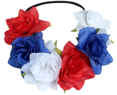 Couronne de fleurs de rose élastique pour cheveux pour mariage, festival, photographie pour femmes et filles, blanc, bleu, rouge