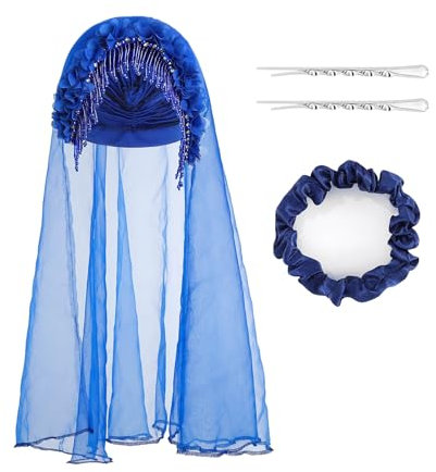 Bohend Frauen Blume Turban Hut Strass Perlen Headwrap Beanie Pre Tied Plissee Kopftuch Haube Quaste Schleier Kopfbedeckung Mütze (Polyester, blue)