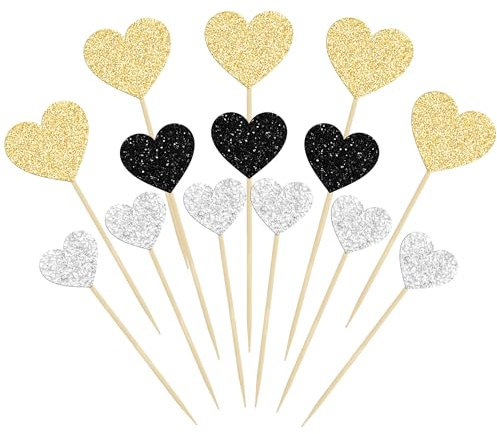 Gyufise 30Pcs Heart Cupcake Toppers Glitter Sweet Love Cupcake Picks Valentine's Day Cake Decorations for Wedding Engagement Bridal Shower Birthday Party Cake Decorations Supplies Gold Black Silver
