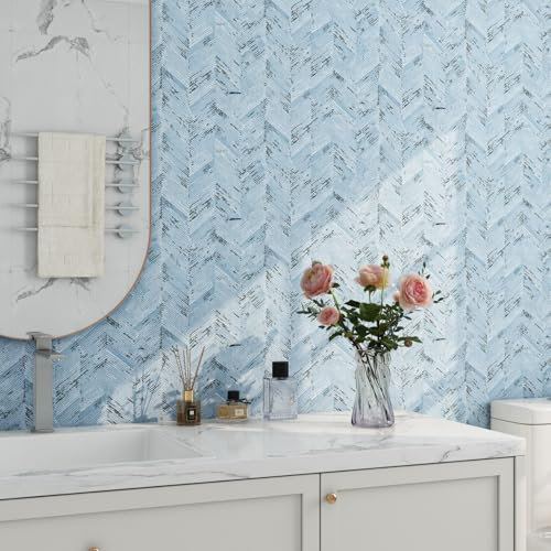 Livelynine Blue Wallpaper Self Adhesive Herringbone Stripes Peel and Stick Wallpaper for Bedroom Bathroom Wall Paper Roll Waterproof Vinyl Wrap for Furniture Drawers Wardrobe Grey/White Vein 40CMx2M