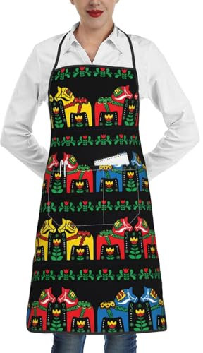 AvImYa Kochschürze für Damen und Herren, Kochschürze, wassertropfenresistent, Läufer, schwedisches Dala-Pferd, Volksdruck, weiß, One size