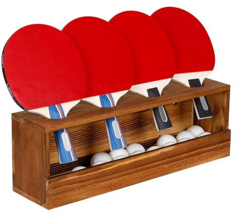 Ping Pong Paddle Storage Rack - Wall Mounted Table Tennis Holder for 4 Rackets and Balls Storage in Garage, Bedroom, Home, Rustic Burnt