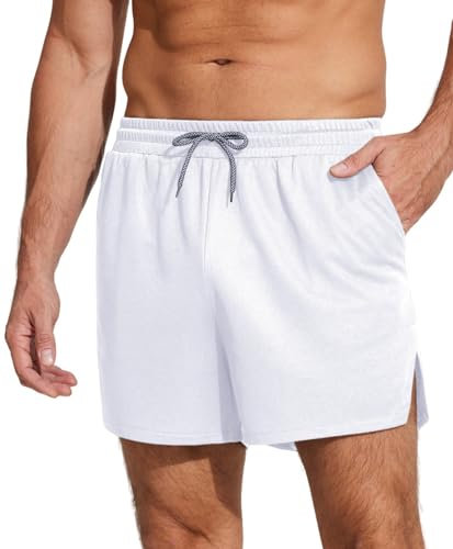 Weardear Herren Sport Shorts Kurze Hose Leicht Sporthose Schnell Trocknend Laufshorts mit Taschen Runningshorts Fitness Gym Trainingshose Workout Weiß S
