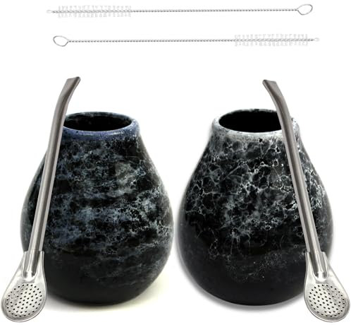 Gaucho Cebar Yerba Mate-tee Calebasse Set para Dos ● Taza de té Mate Marmol Azul y Oscuro 350 ml ● Taza de cerámica ● Pajita de Acero Inoxidable Bombilla 19 cm ● Cepillo de Limpieza