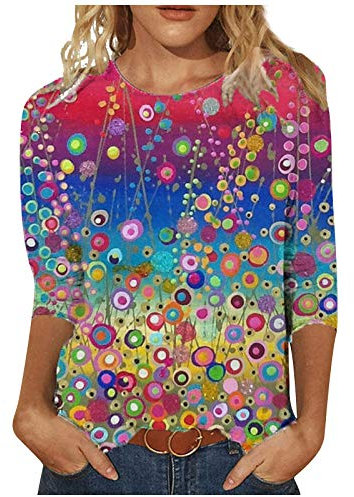 T Shirt Damen 3/4 Arm Oberteile Tops Bunte Blumenmuster Druck Tunika Shirt Oversize Pullover Rundhals Vintage Langarmshirt Mode Landhausmode Atmungsaktiv Freizeit Mehrfarbig 3XL