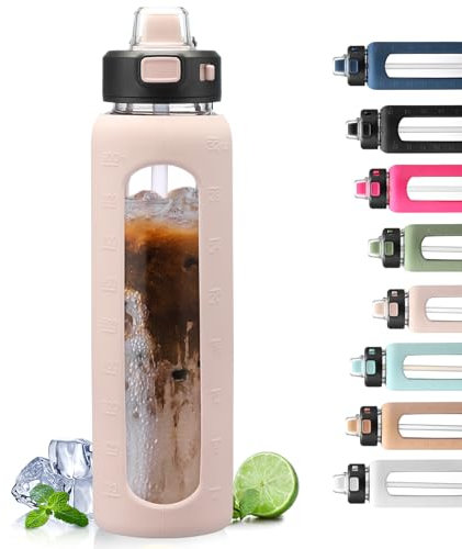 BLUEGO 900ml Trinkflasche Glas mit Strohhalm und Griff Auslaufsichere Wasserflasche mit Silikonhülle und Messskala Sport Glaswasserflasche BPA frei, Rosa