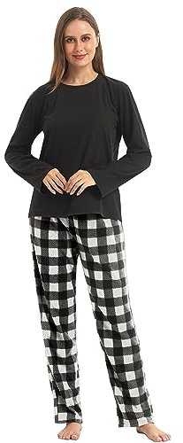 BEGIANT Ensemble Pyjama Femme Hiver en Polaire Doux Pyjama Chaud 2 Pièces Manches Longues à Carreaux Vêtement de Nuit Confortable pour Dormir Relaxation à la Maison,Gris,S