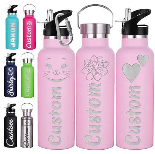 Akmxem Gourde Personnalisée Avec Paille 350ml 750ml Gourde Isotherme Personnalisable Gravé Nom Logo Gourde Personnalisée En Acier Inoxydable Cadeau pour l'École Le Sport Le Bureau l'Extérieur
