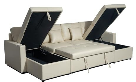 Bonded Leather Sofa Bed - U-Shaped 4 Seater Fabric Sofas For Living Room Furniture - Pull Out Suite & Convertable Settee With Storage - (Cream, Left Hand Side)