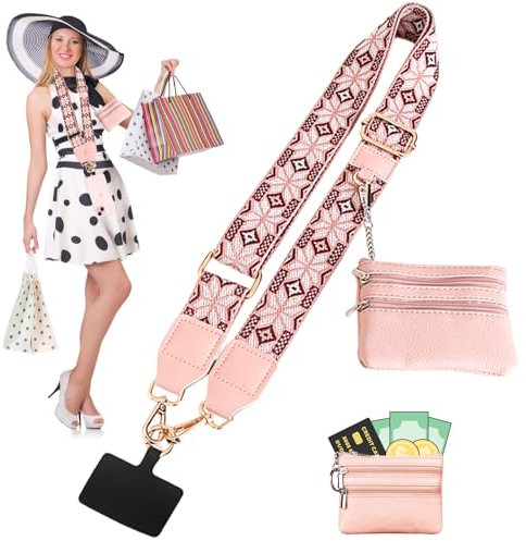 Phone Strap with Zippered Pouch and Clip - Adjustable Crossbody Phone Lanyard Charm for Women (Pink)