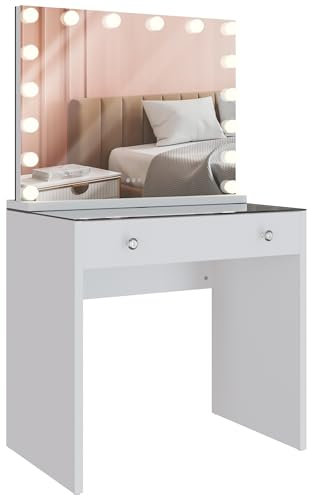 CLP Schminktisch Mereta mit Hollywood-Spiegel I Kosmetiktisch mit LED-Beleuchtung I Schminktisch mit Schublade, Glasplatte und USB-Anschlüssen, Farbe:weiß