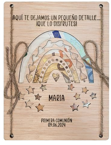 Lulamuk | Tarjetas regalar dinero de manera original | Idea de regalo creativa original sorpresa | Comunión, cumpleaños, bautizo... | Tarjeta de madera regala dinero original (Arco Iris Personalizado)