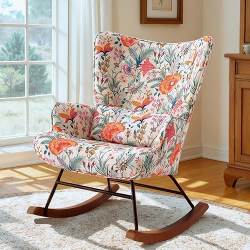 HomeMiYN Schaukelstuhl Lendenpolster Metallgestell und Holzsockel Stillstuhl Wohnzimmer orange rosa Blume
