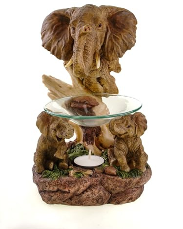 Kremers Schatzkiste XXL Elefanten Duftlampe - Handbemalte Figur Teelichthalter mit Glasschale Elefantenfamilie 24x15x13 cm - Deko für Wohnzimmer & Geschenkidee