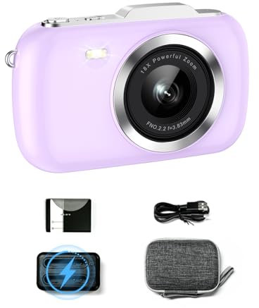 Ade Macchina Fotografica Digitale Fotocamera Compatte, 64M 4K Fotocamera con Zoom Digitale 18X, Stazione di ricarica, borsa per fotocamera, per adolescenti, adulti, principianti (Porpora)
