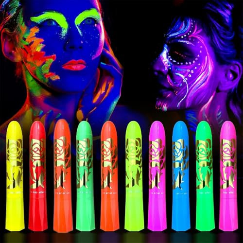 Fluorescenti Matite Trucco per Viso e Corpo, 10 Colori Lavabile UV Fluorescente Colorato Neon Kit, Pittura Corpo Sicuro e Non Tossico per Feste di Compleanno, Cosplay, Halloween e Natale