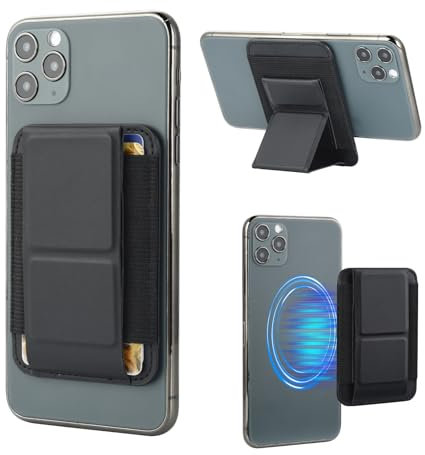 aceyoon Phone Card Holder for Magsafe, Store 2-3 Cards Magnetic Phone Wallet PU Ultra-Slim Magnetic Wallet with Adjustable Stand for iPhone 16/15/14/13/12, NO for 13/12 Mini, Black