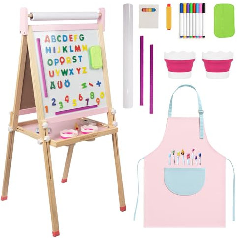 WoodenFun Kinder Kunst Staffelei Verstellbar mit Kreide, Magnet, Doppelseitige Tafel mit löschbarer Magnettafel Hölzerne Tafel Holz für Kinder Standtafel 10-teiliges Set (Rosa)