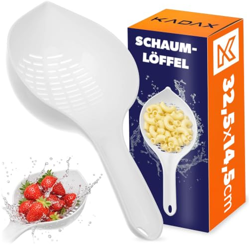 KADAX Colino da cucina 32,5 x 14,5 cm, colino in plastica senza BPA, colino per pasta, colino in plastica, colino per bucato, cucchiaio di schiuma (bianco)