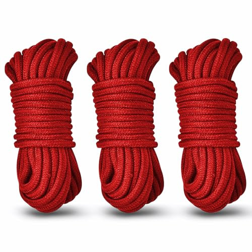 Corde en Coton Torsadée 8 mm - Lot de 3 Rouleaux (30m Total) Corde Tressée Douce et Résistante pour pour Cravate, Nœuds, Camping, Artisanat, Bricolage et Créations Décoratives Suspendues (Rouge)
