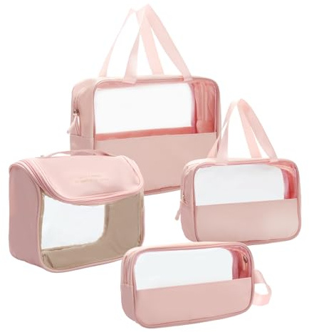 Trousse de Toilette, 4 Sacs d'avion Transparents PVC Imperméable pour Voyage dans Bagages à Main Hommes et Femmes (Rose)