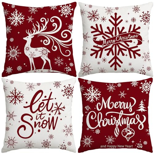 Miaikoe Frohe Weihnachten Kissen Abdeckungen 40x40cm Schneeflocken Lassen Sie es Schnee Elch Winterurlaub rote Kissenfälle für Weihnachten Urlaub Coach Sofa Dekorationen Set von 4