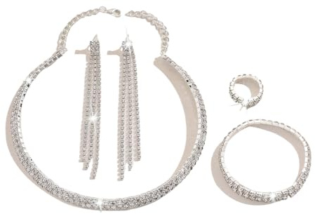 XFSRG Schmuckset Damen Hochzeit 4 Stück Brautschmuck Set Armband Halskette Ohrringe Ring mit Strass Modeschmuck Glitzer Silber Elegante Schmuck Set Geschenk für Braut