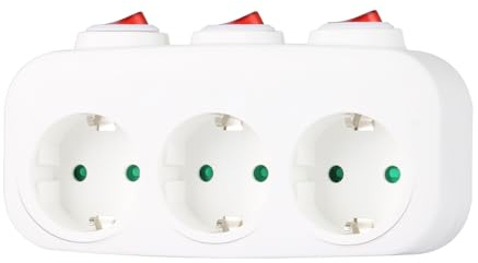 CILIA Ladrón Enchufe Triple con 3 Interruptores Independientes, Adaptador Enchufe Múltiple 3 Tomas Schuko, Regleta sin Cable Pared 3500W 16A, Multiplicador Corriente Individual - Blanco Pack de 1
