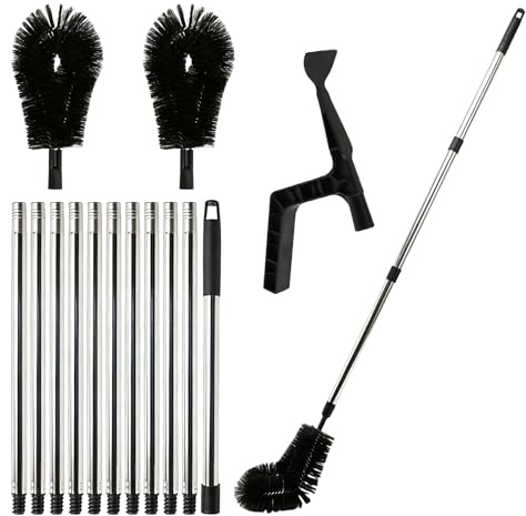 14FT/4.3M Gutter Cleaning Tools with 11 Poles Telescopic & 2 Brush Heads | Leaf Shovel, Aluminium Pole, Ladder-Free, Gutter Cleaning Brush for Roofs Leaves Debris Window Spider Web