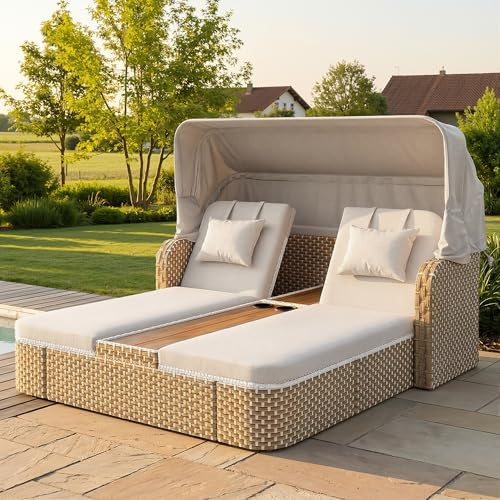 TOBIDOEN Garten Lounge Set für 2 Personen, Rattan Insel Sitzgruppe mit Sonnenschutz und Pavillon aus PE-Rattan, Abnehmbaren Waschbaren Polstern und Getränkehaltern für Außenbereiche - Beige