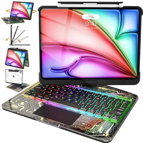 Intermerge Custodia per iPad A16 11a (2025) e 10a generazione da 11 pollici con tastiera, trackpad multi-touch trasparente a 360 gradi, tastiera RGB a 7 colori, portamatite, tipo C, Shadow Pulse