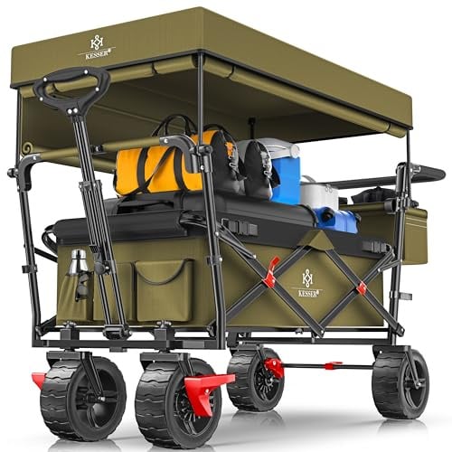 KESSER® XXL Bollerwagen faltbar mit Dach GT9000, klappbarer Handwagen bis 150 kg für Kinder, Strand, Camping & Garten, großer Transportwagen mit Hartgummi Rädern, Bremsen vorne & hinten + Tragetasche
