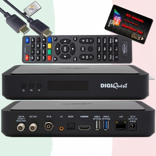 DigiQuest Q99 4K UHD satellitmottagare med TiVuSat-kort aktiverat svart - italiensk TV Rai Mediaset LA7, DVB-S2/T2, HEVC HDR, PVR Ready, LAN, USB, certifierad mottagare + HTS e-com HDMI-kabel