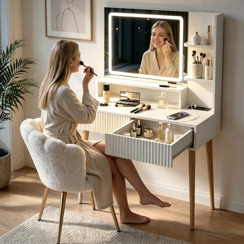 Hawthyhome Weiß Schminktisch mit Beleuchtung und Ladestation, Moderner Frisiertisch Set inkl. 2 Riffel-Schubladen, 3 Lichtmodi, Kosmetiktisch mit Massivholzbeinen, Weiß Schminkstuhl