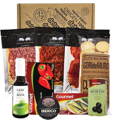 Spanische Geschenke, Serrano Schinken, Pata negra chorizo, Pata negra salami, Sardinen, Oliven, geschenkset