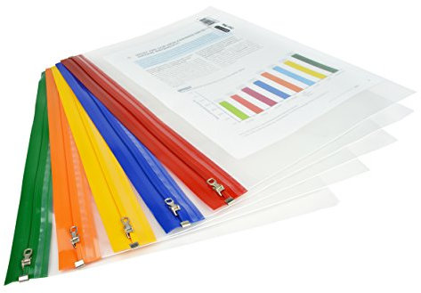 Rapesco 1503 Reißverschlussbeutel mit Metallreißverschluss, Transparent mit Streifen in verschiedenen Farben, A4+, 5 Stück