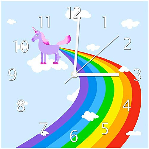 Wallario Design-Wanduhr Einhorn mit Regenbogen aus dem Hintern aus Glas, Motiv-Uhr Größe 30 x 30 cm, weiße Zeiger