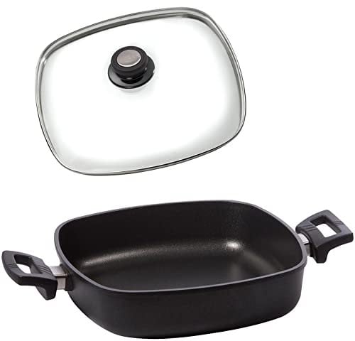 Eurolux Guss-Kasserolle 28x28 cm Induktion Set mit Glasdeckel (Edelstahlrand) - flache quadratische Universal Bratenkasserolle mit Antihaft-Beschichtung - Made in Germany