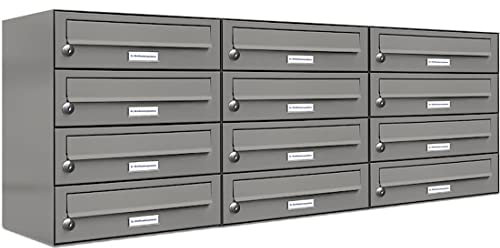 AL Briefkastensysteme 12er Briefkastenanlage Aluminiumgrau RAL 9007, Premium Briefkasten DIN A4, 12 Fach Postkasten modern Aufputz