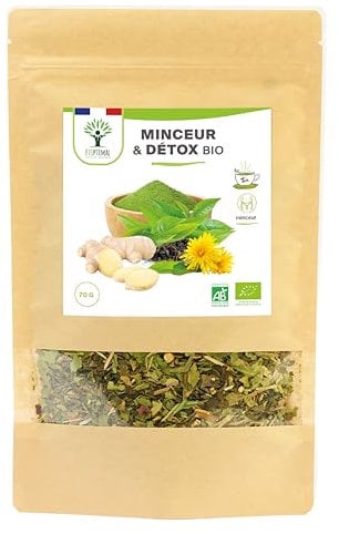 BIOPTIMAL - Thé Minceur Bio - Infusion Perte de poids - Effet Amincissant et Détox - Goût Savoureux - Thé Vert Maté Gingembre Ortie Pissenlit - Fabriqué en France - Certification Ecocert - 70g