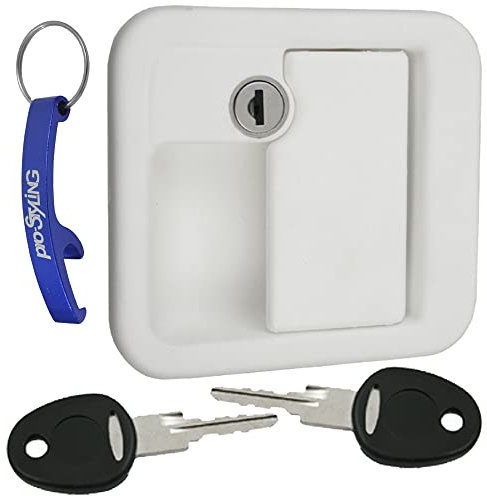 Serratura esterna per porta, roulotte, caravan, sistema FF, con cilindro e due chiavi, colore: bianco