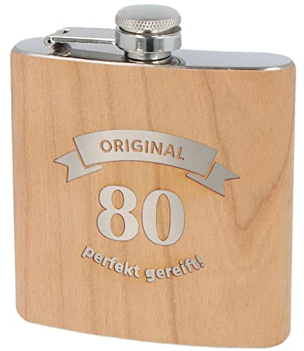 Spruchreif · Flachmann aus Edelstahl mit exklusiver Echtholz Veredelung · perfekte Geschenkidee für Männer zum Geburtstag und Jubiläum (Original 80 - perfekt gereift)