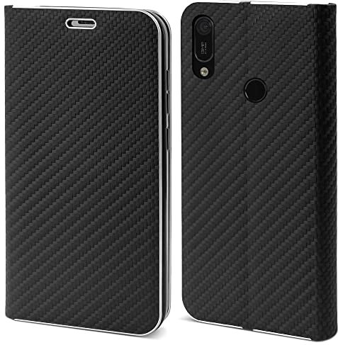 Moozy Custodia a Libro per Huawei Y6 2019, Carbonio Nera – Protezione dei Bordi Metallici Flip Cover Portafoglio con Appoggio e Porta Carte