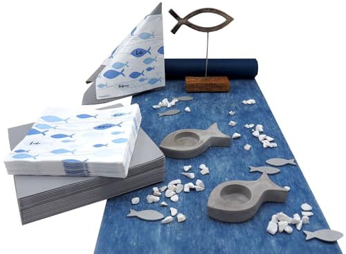 ZauberDeko Tischdeko Kommunion Konfirmation Blau Grau Teelichthalter Fisch Tischaufsteller Set 20 Personen