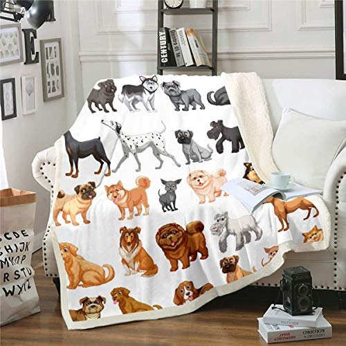 Hund gedruckt Kuscheldecke Süße Haustierhunde Flanell Fleecedecke 150x200cm Für Kinder Teenager Karikatur Tier Thema Wohndecke Schöner Mops Welpe Couchdecke
