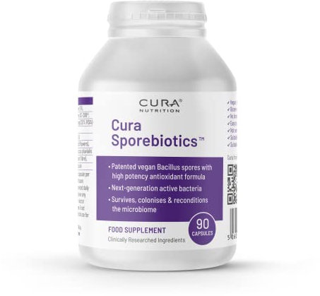 CURA NUTRITION - Sporebiotics (90 Capsules) | Bacillus Spore Probiotic Supplements with Carotenoid Antioxidants, Spore Probiotics, Gut Health Supplement, Vegan, Vegetarian, Paleo & Keto Friendly