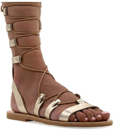 39 or Emmanuela Sandales en cuir dans un style grec ancien, des sandales de gladiateur plat à la main avec des orteils ouverts, des chaussures d'été pour femmes